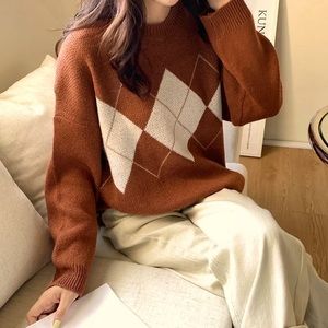 Geometric Pattern Argyle Pullovers Oversized O-NeckKnitted Sweaters Jumper